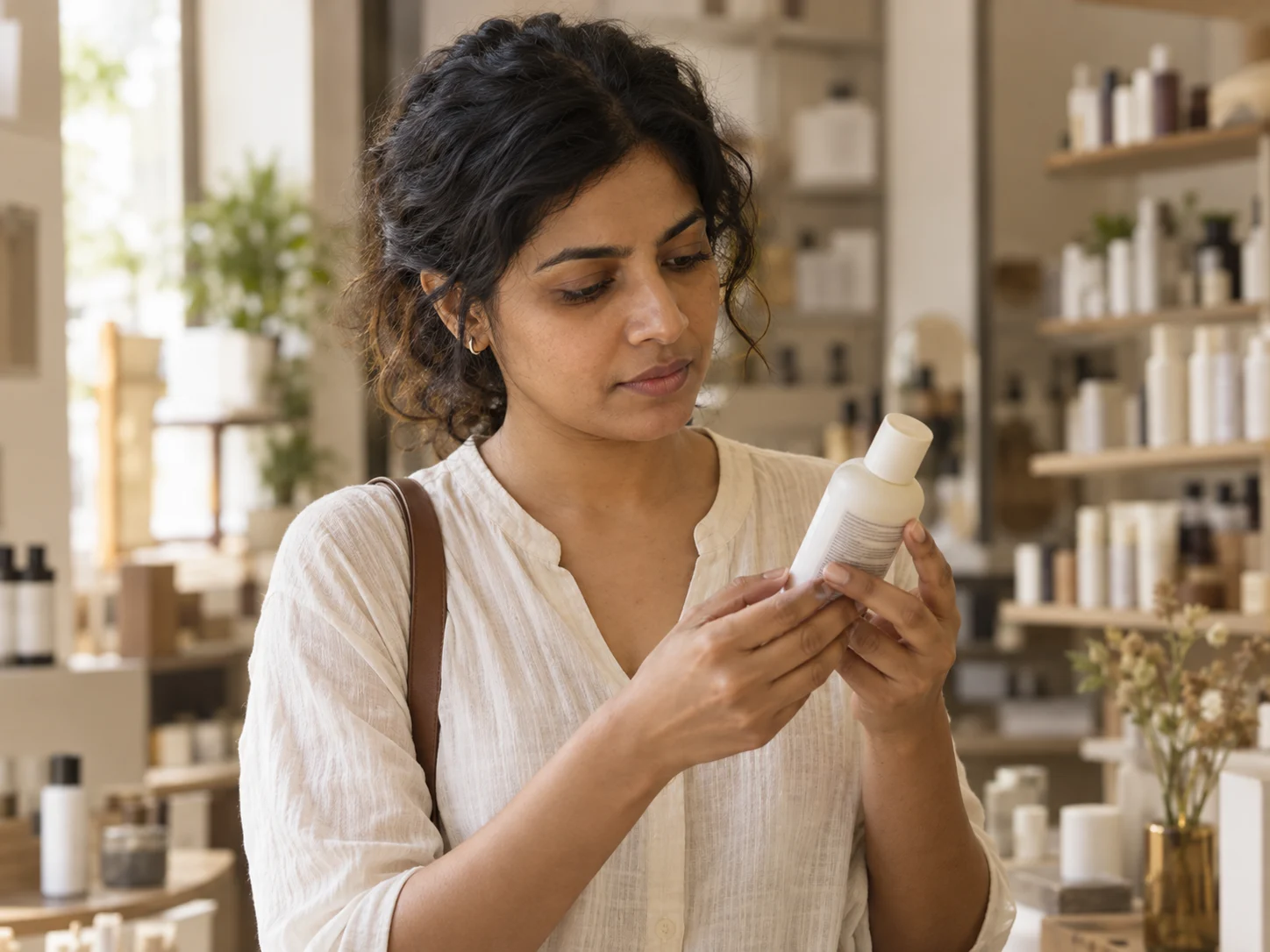 An Indian woman reading the label on a skincare bottle in a beauty shop